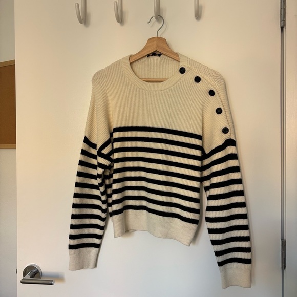 Maje Marino Breton striped sweater in an off-white/cream base with black stripes - Picture 2 of 6